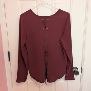 ❤️ Forever 21 Large Long Sleeve Blouse Maroon Lace Up Back EUC Like New